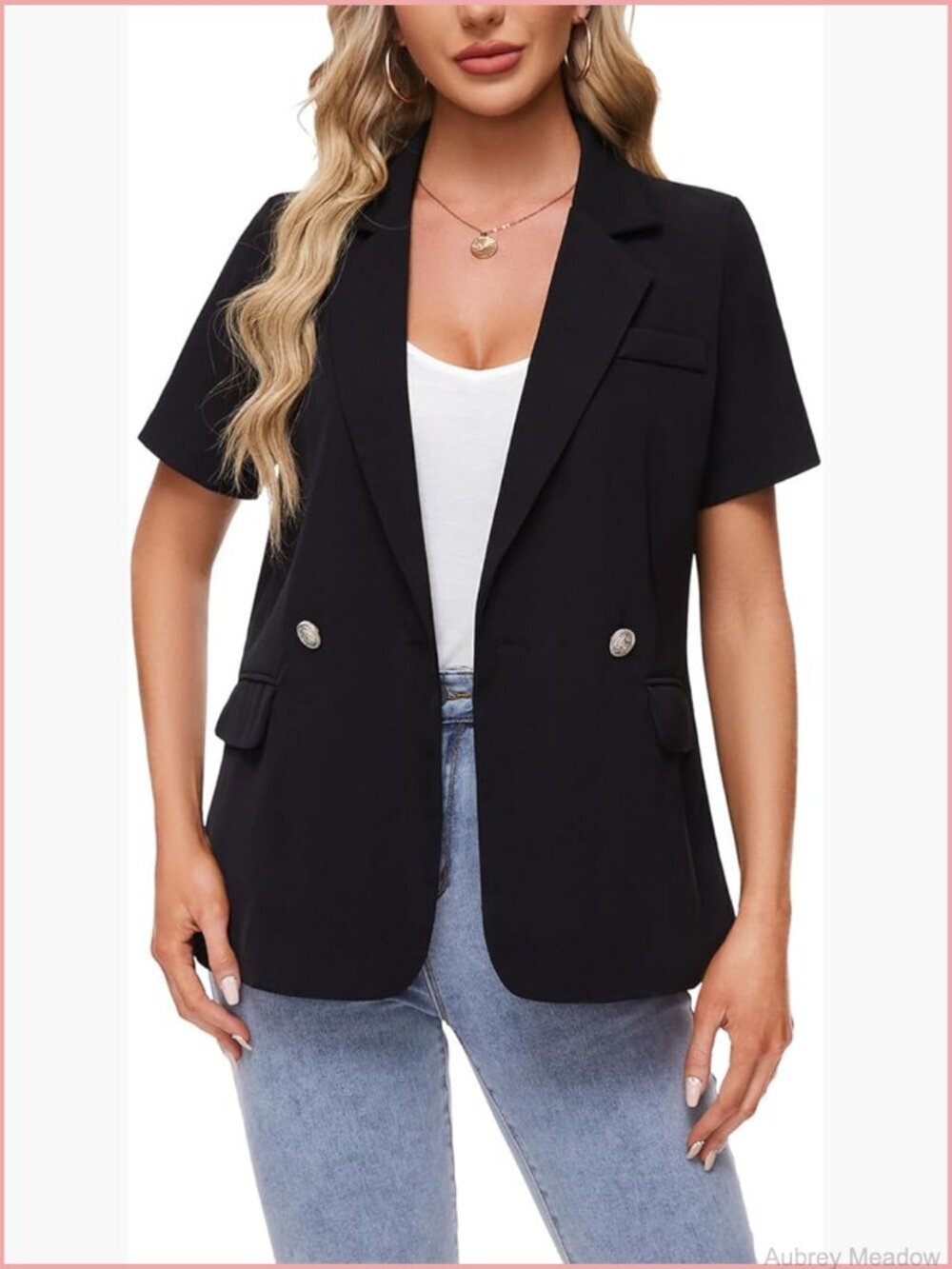 Short Sleeve Blazer Open Front Notched Lapel Button Closure Work Office Jacket